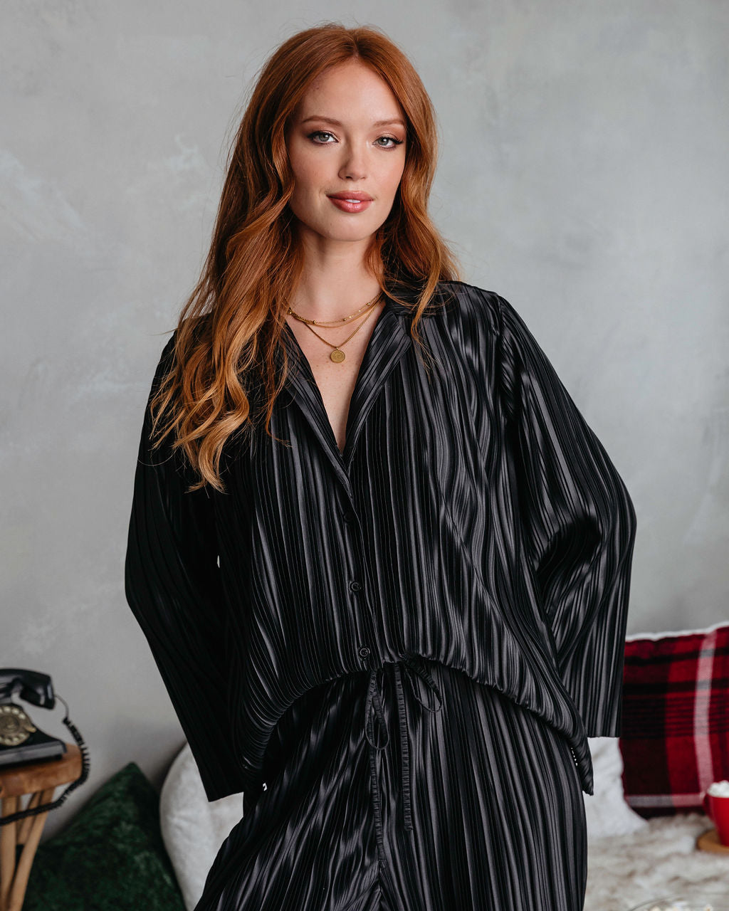 Hey Honey Plisse Button Down Top - Black