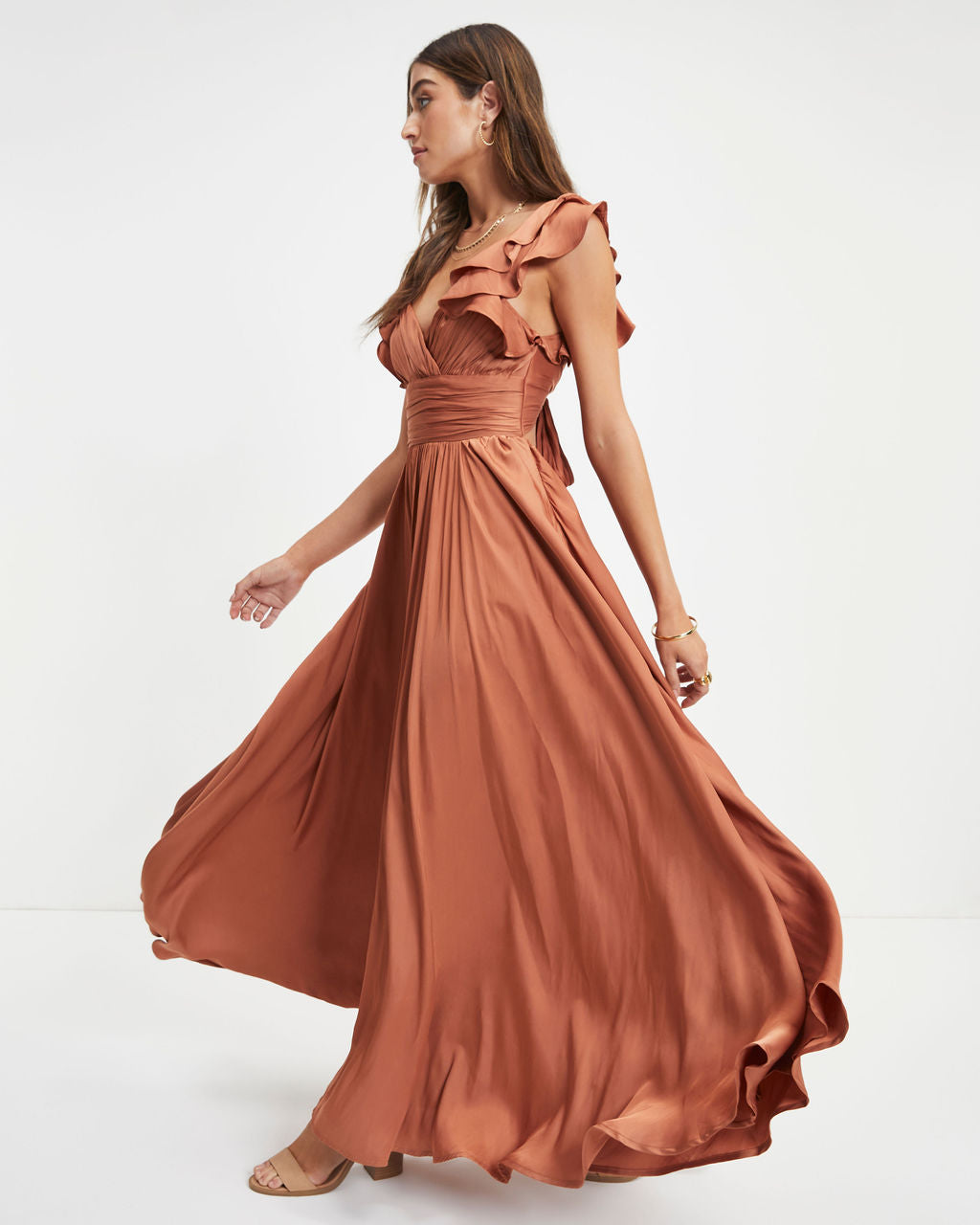 First Class Satin Ruffle Cutout Maxi Dress - Dusty Rust