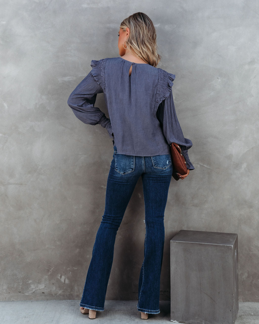 Justina Crinkle Ruffle Shoulder Top - Charcoal