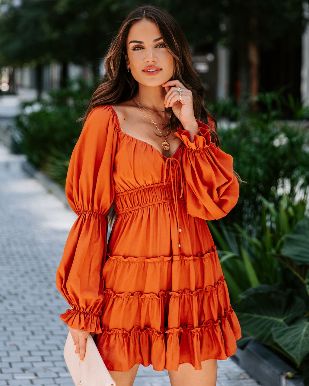 Unrequited Romance Tiered Front Tie Mini Dress - Burnt Orange