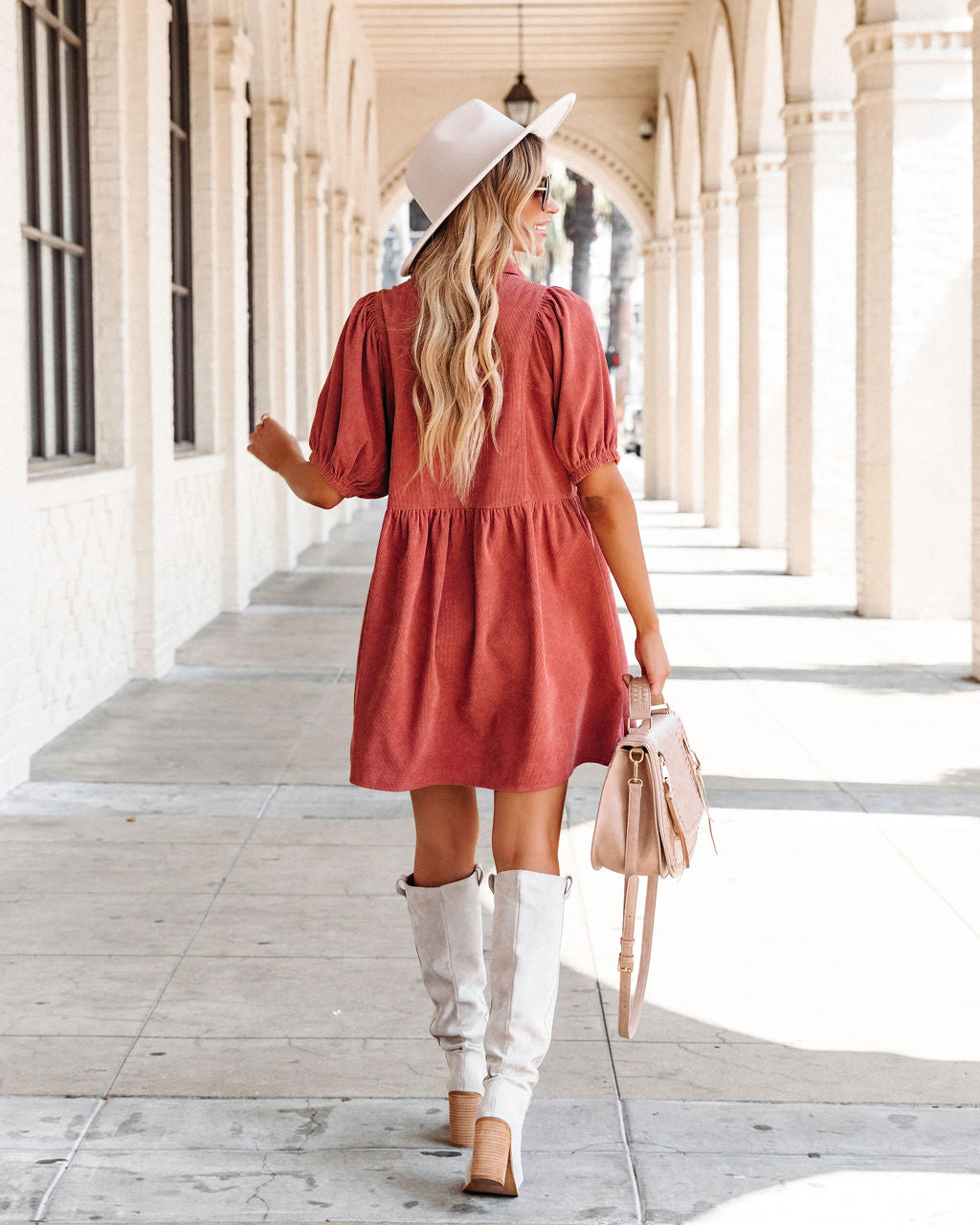Owen Corduroy Puff Sleeve Babydoll Dress - Clay