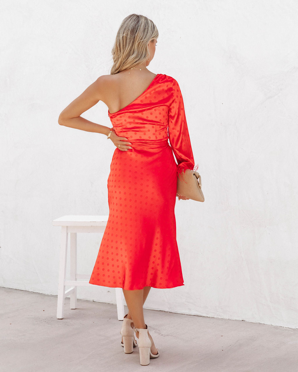 Margaux Satin Feather Trim Midi Dress - Red - FINAL SALE