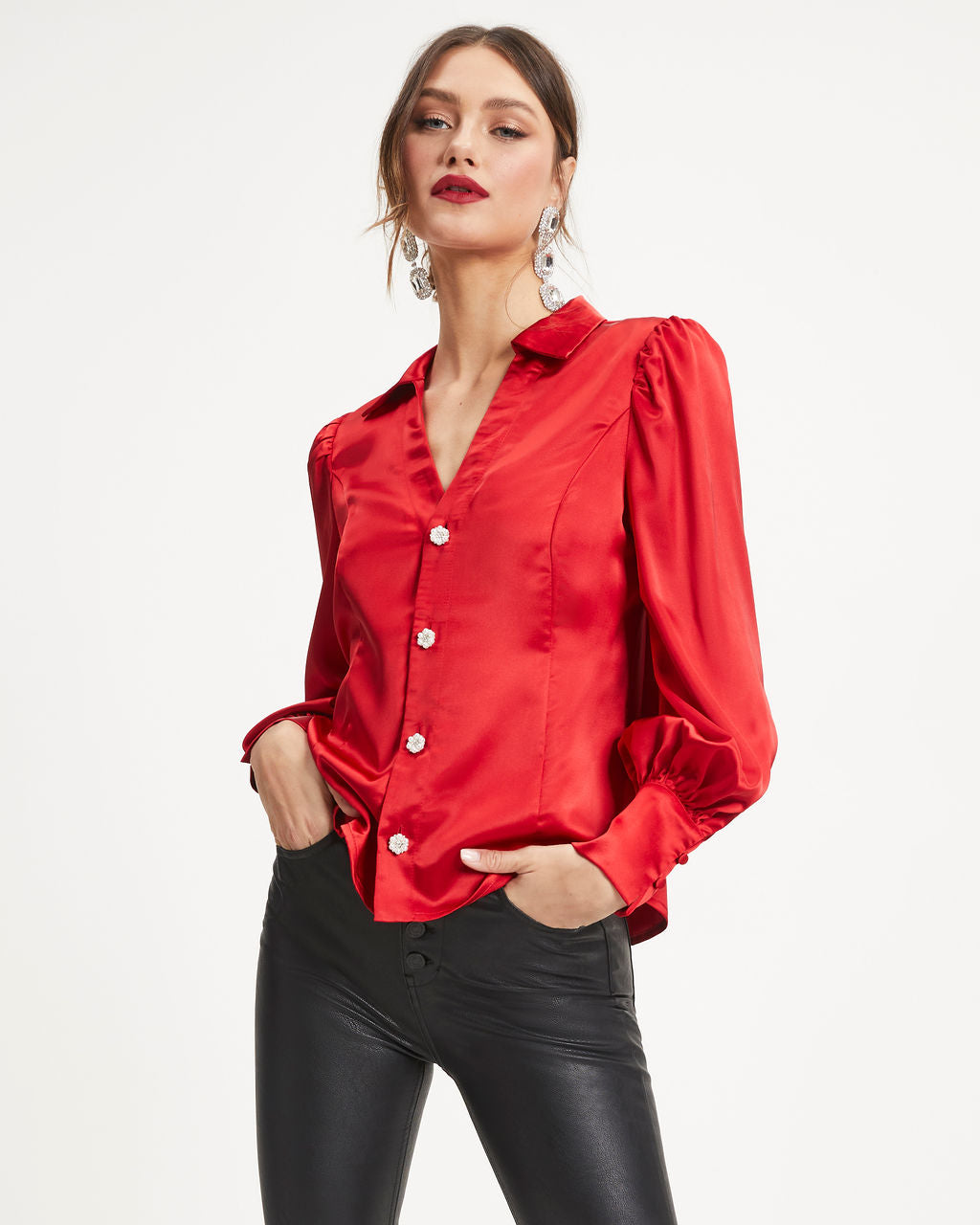 A Lovely Time Satin Embellished Button Down Top - Red