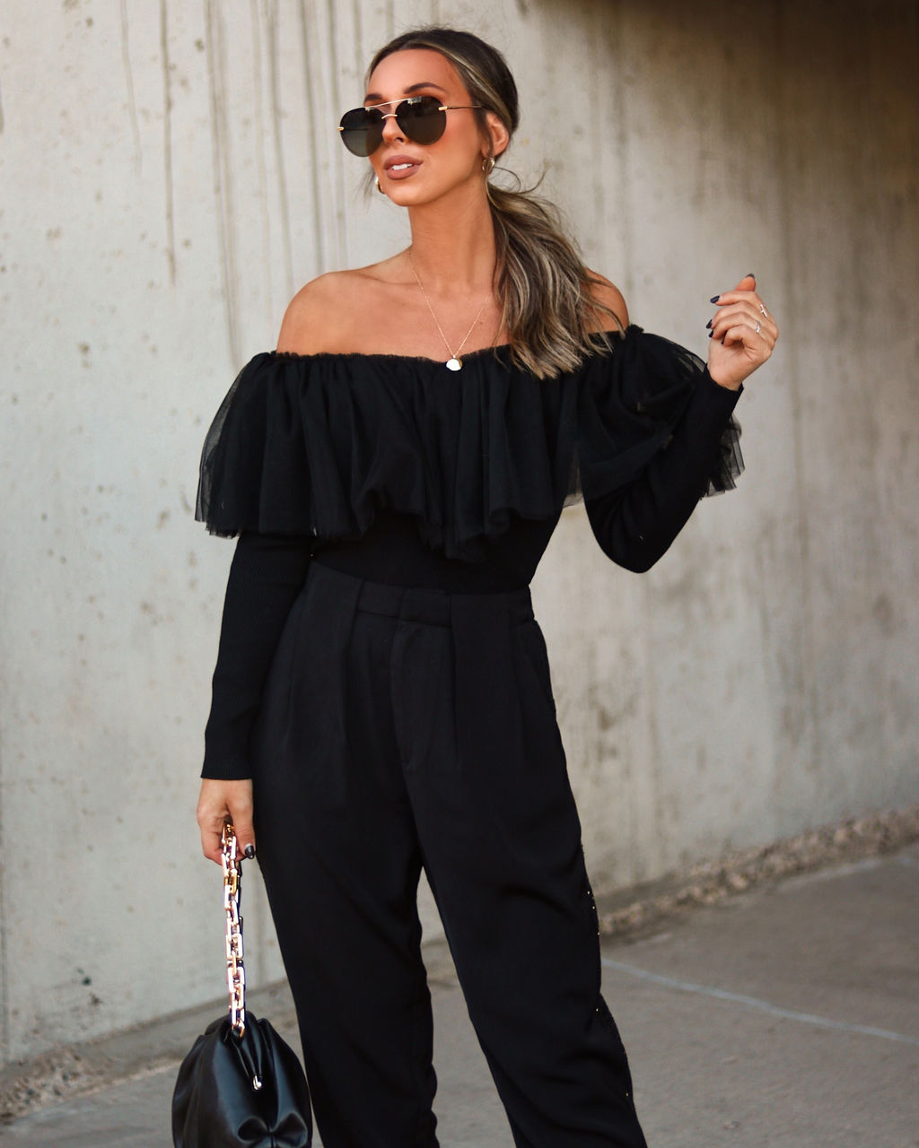 Picture Perfect Glam Ribbed Knit Ruffle Tulle Top - Black