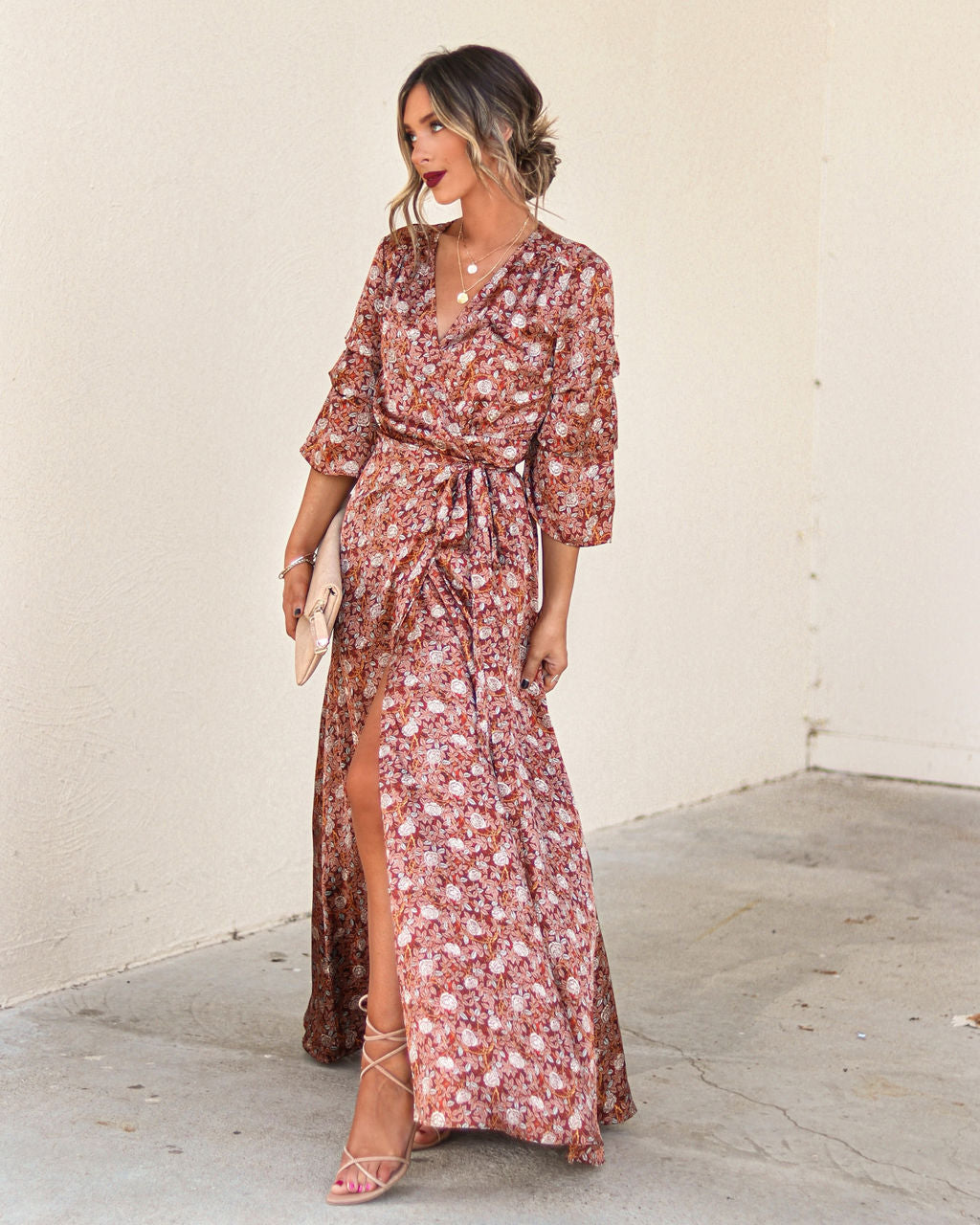 Dylann Satin Floral Wrap Maxi Dress