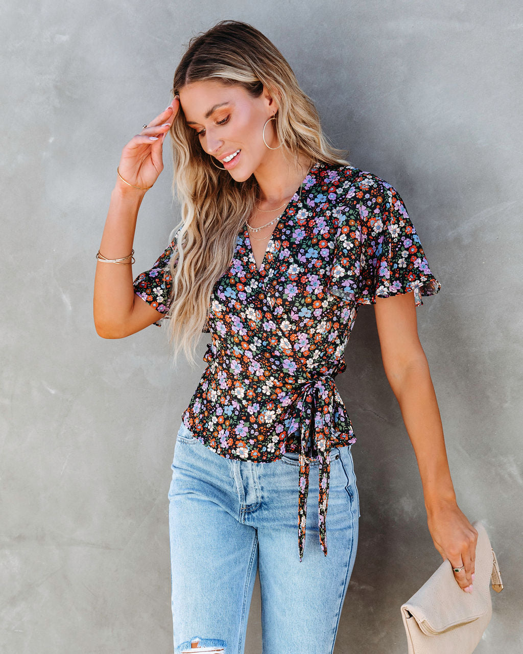 Retro Belle Floral Ruffle Wrap Top - SALE