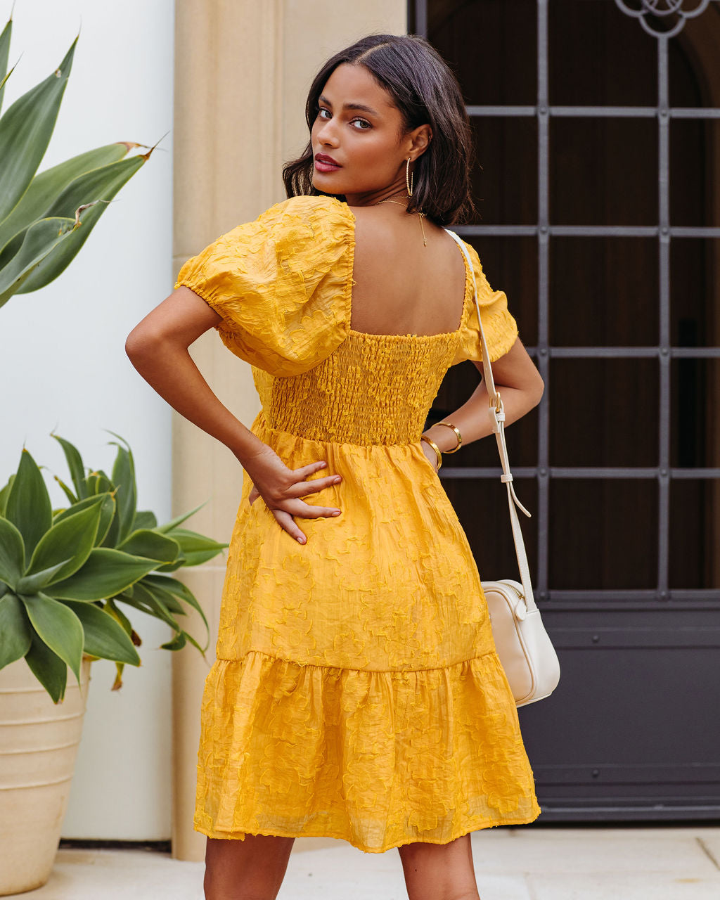 Picking Daisies Puff Sleeve Babydoll Mini Dress - Mustard Yellow - SALE