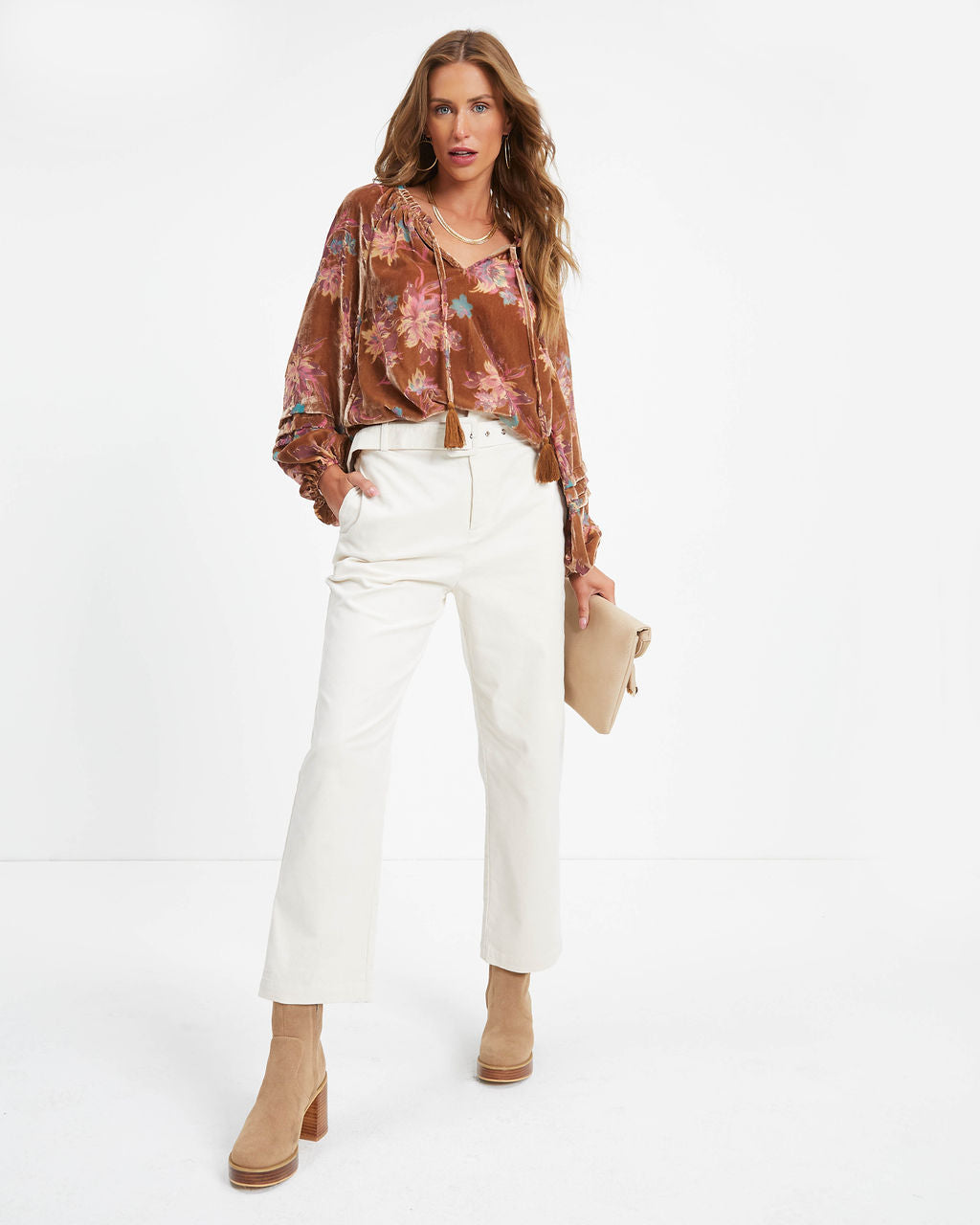 Arden Floral Burnout Velvet Top - Taupe