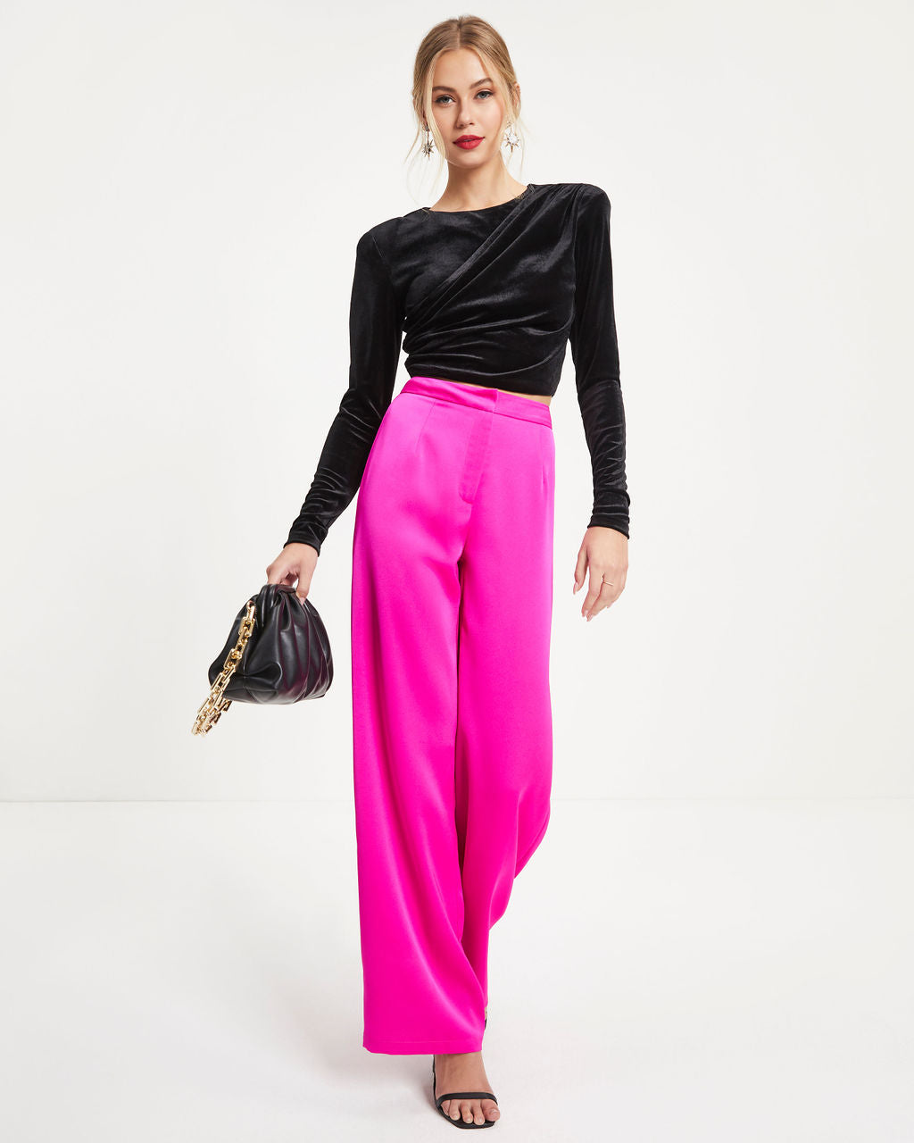 Estella Velvet Padded Shoulder Drape Crop Top - Black