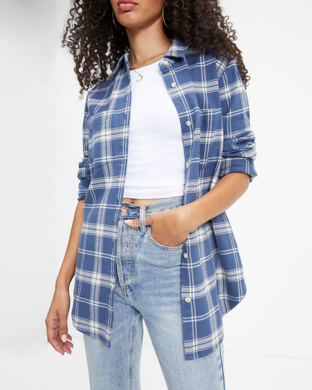 Oxford Plaid Pocketed Button Down Top
