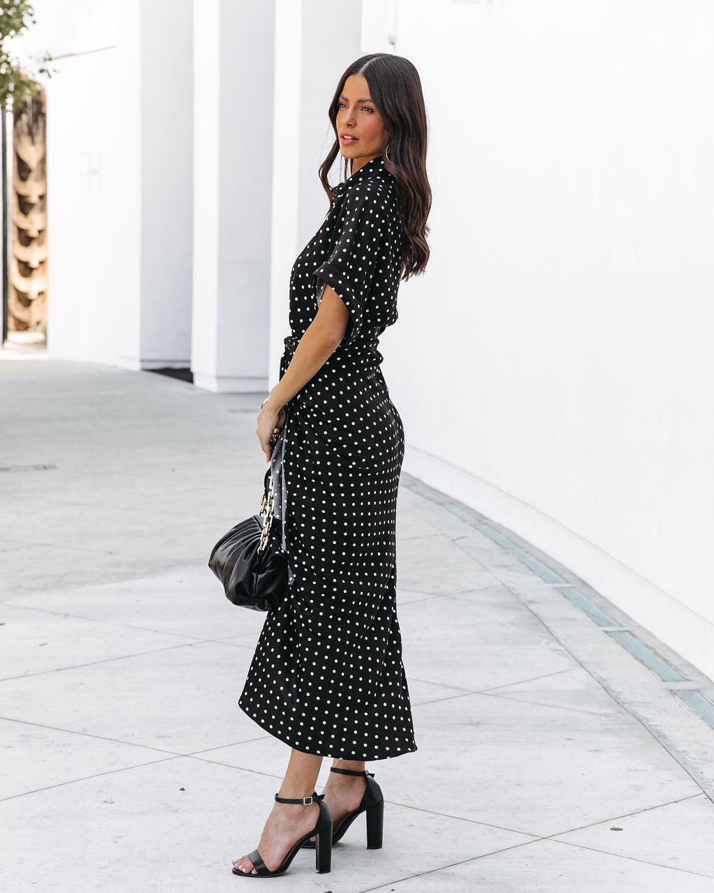 Aurielle Polka Dot Tie Front Midi Shirt Dress - Black - FINAL SALE