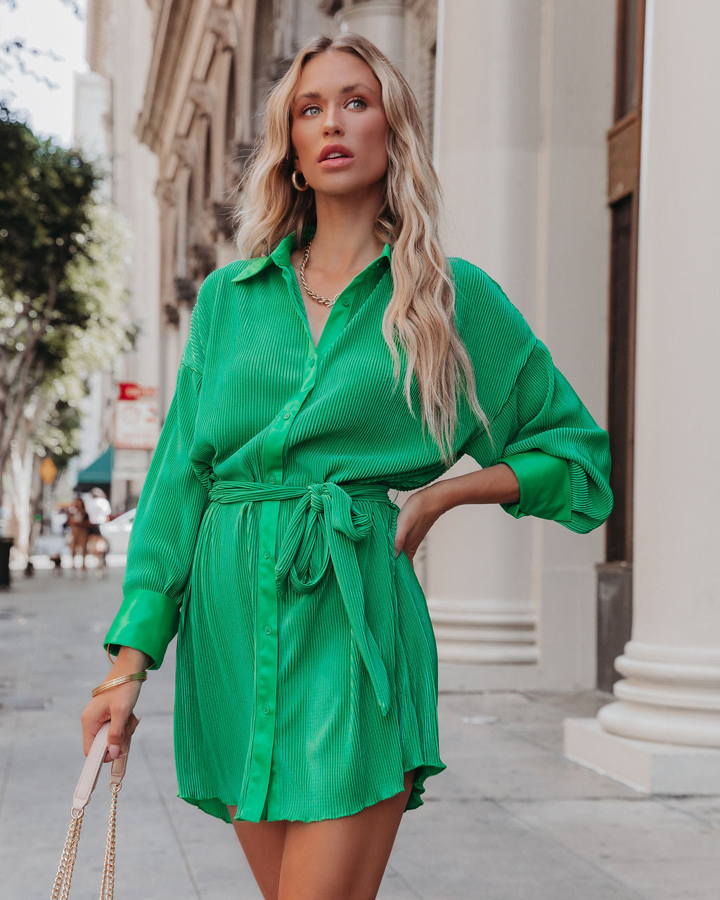 Aster Plisse Button Down Shirt Dress - Emerald