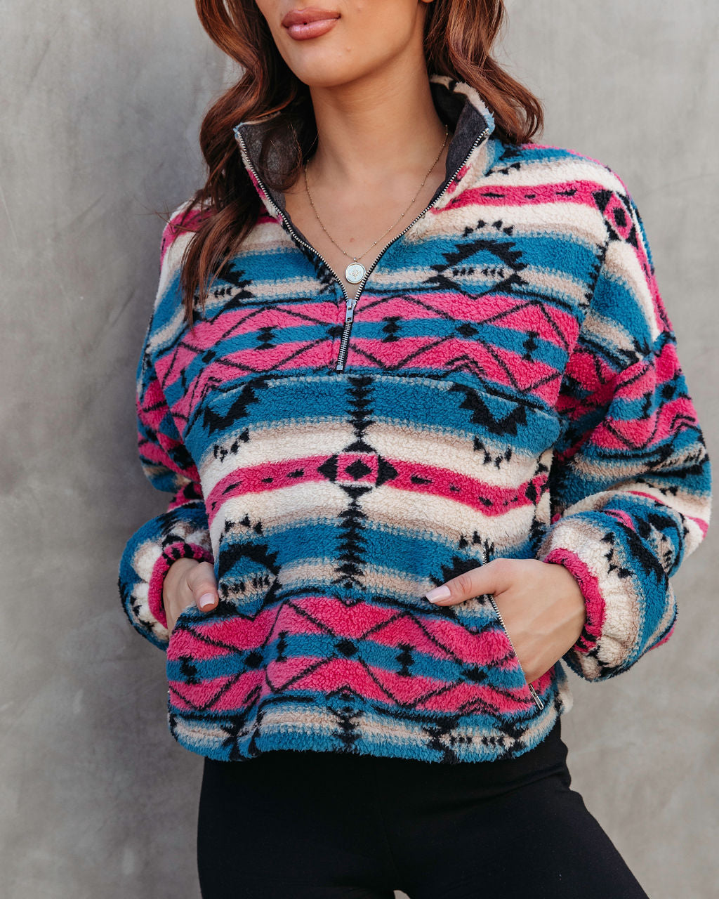 Sedona Pocketed Printed Half Zip Teddy Pullover Sweater