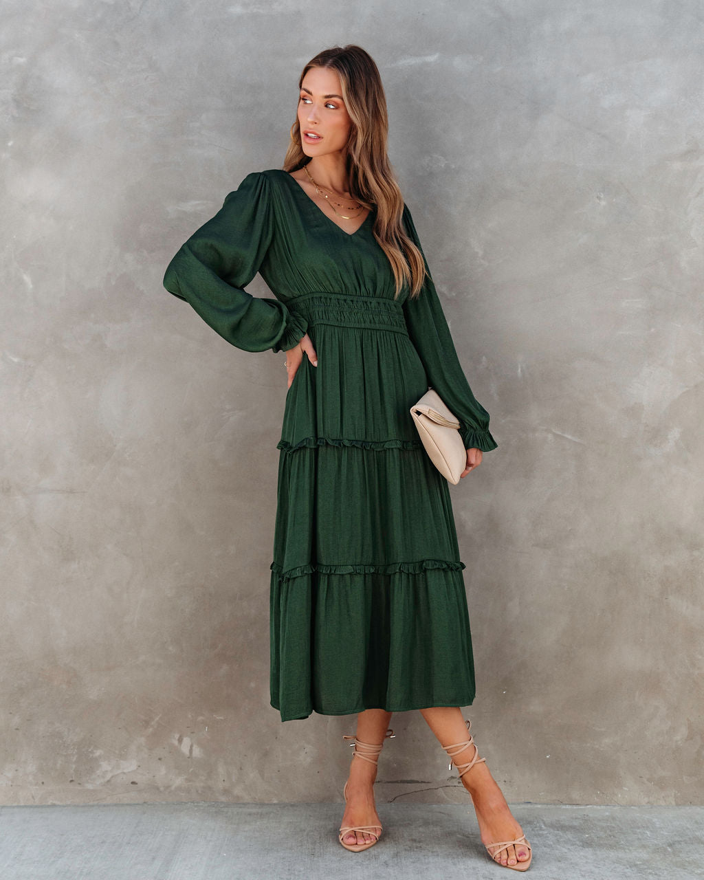 Monique Tiered Midi Dress - Forest Green