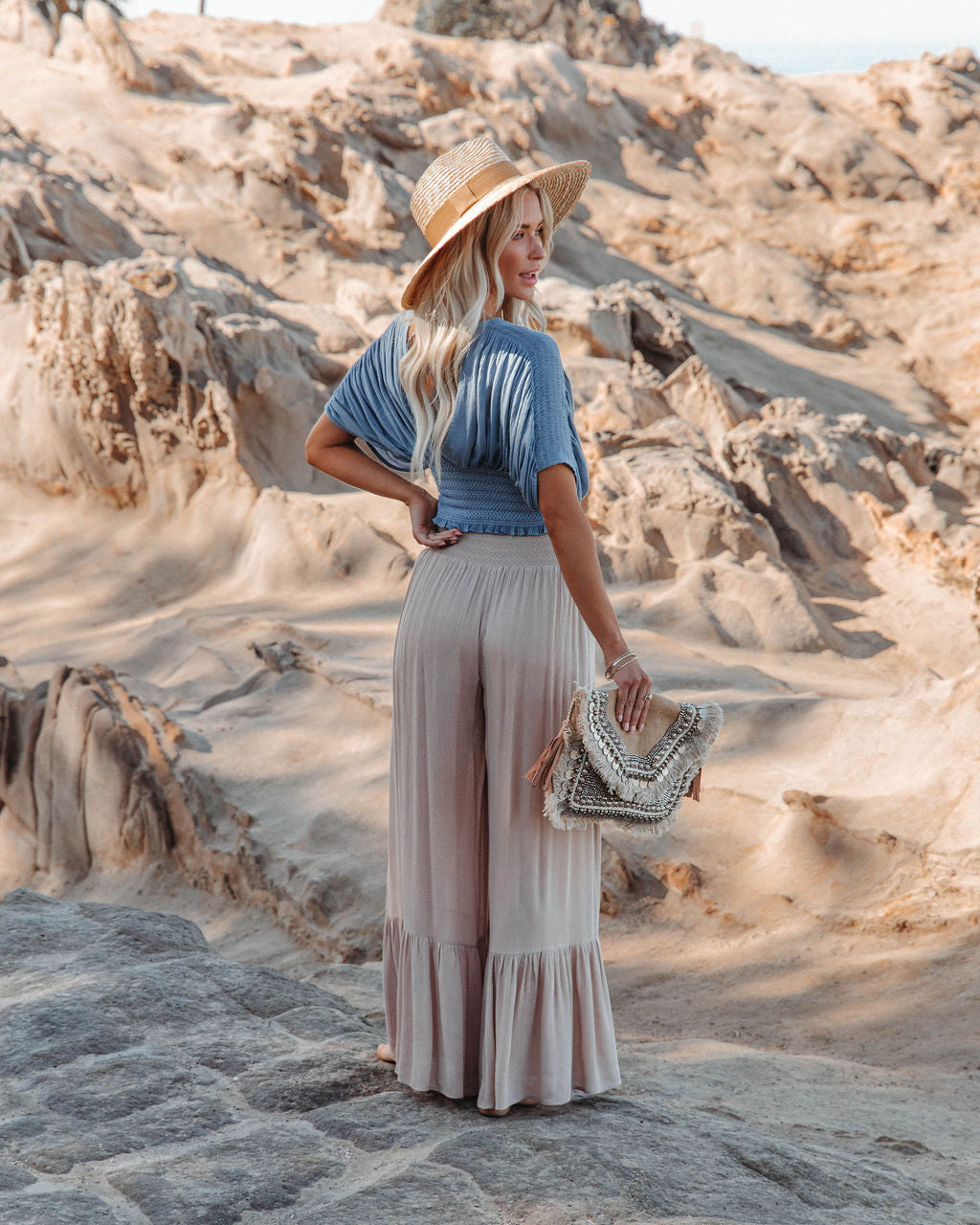 Janette Smocked Woven Crop Top - Stone Blue - FINAL SALE