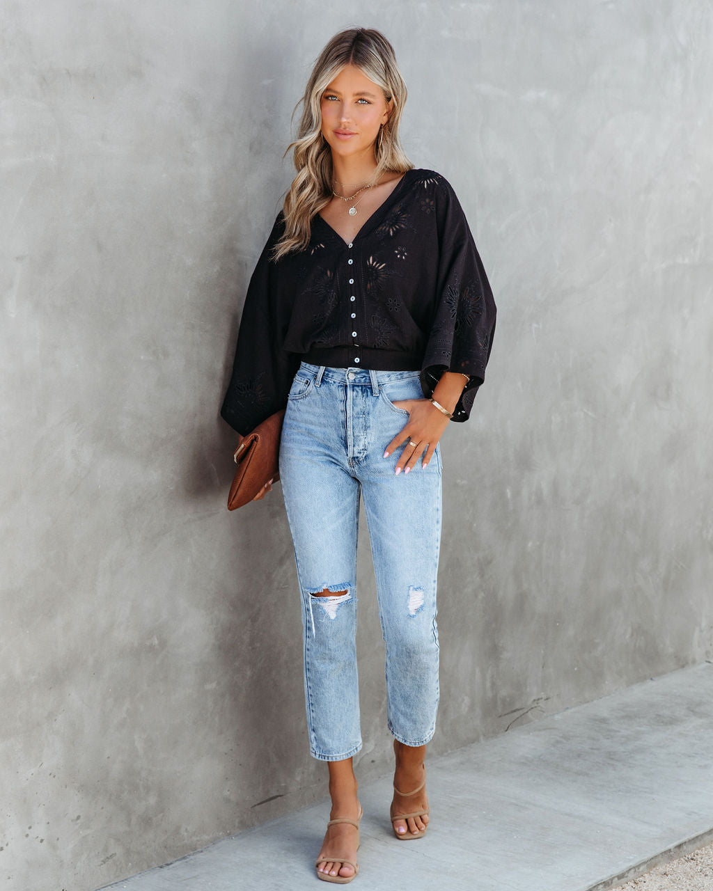 Je T'Aime Eyelet Button Down Top - Black