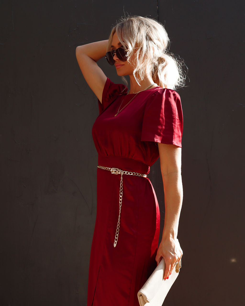 Anngie Satin Slit Midi Dress - Wine