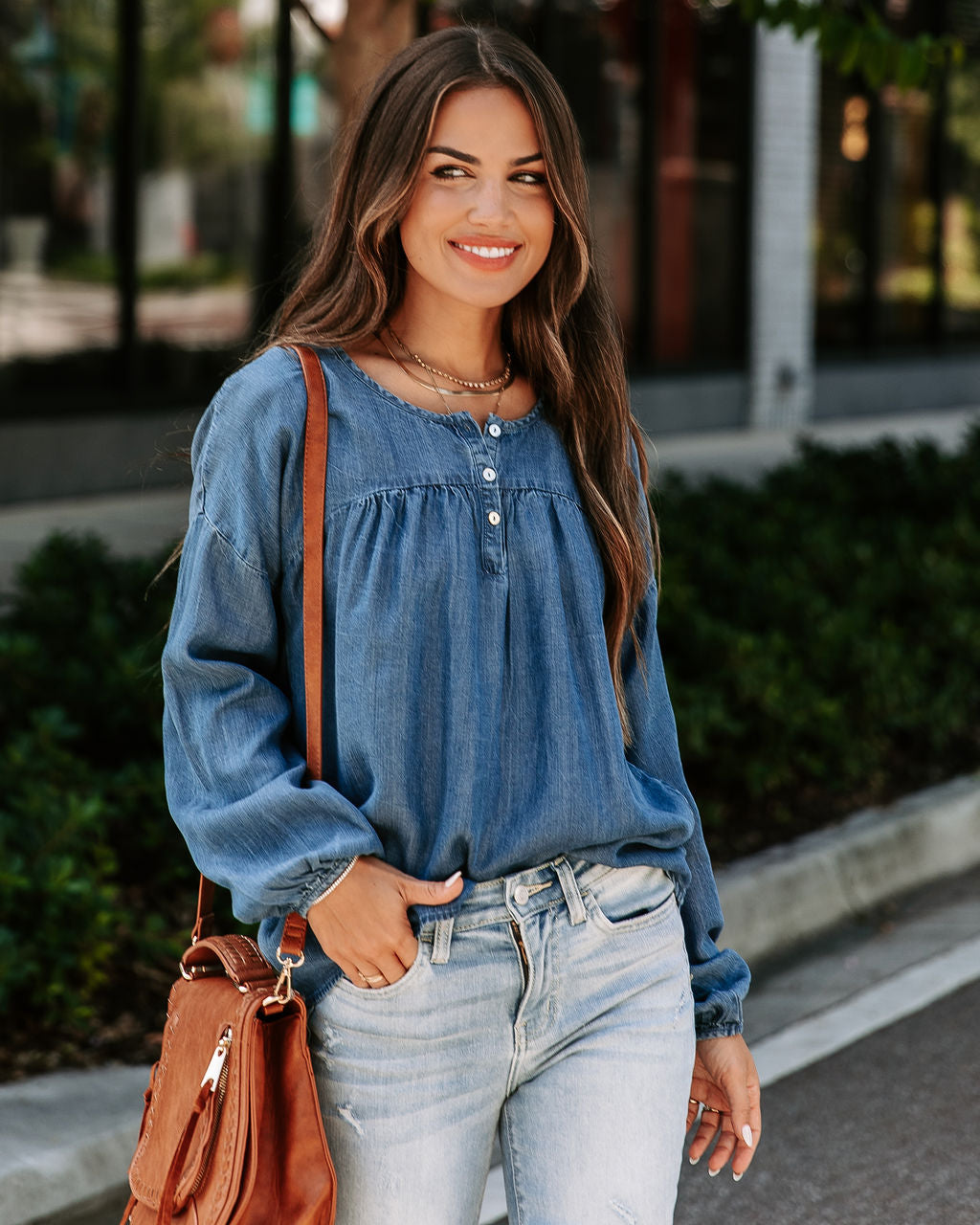Blue Crew Chambray Henley Tencel Top - SALE