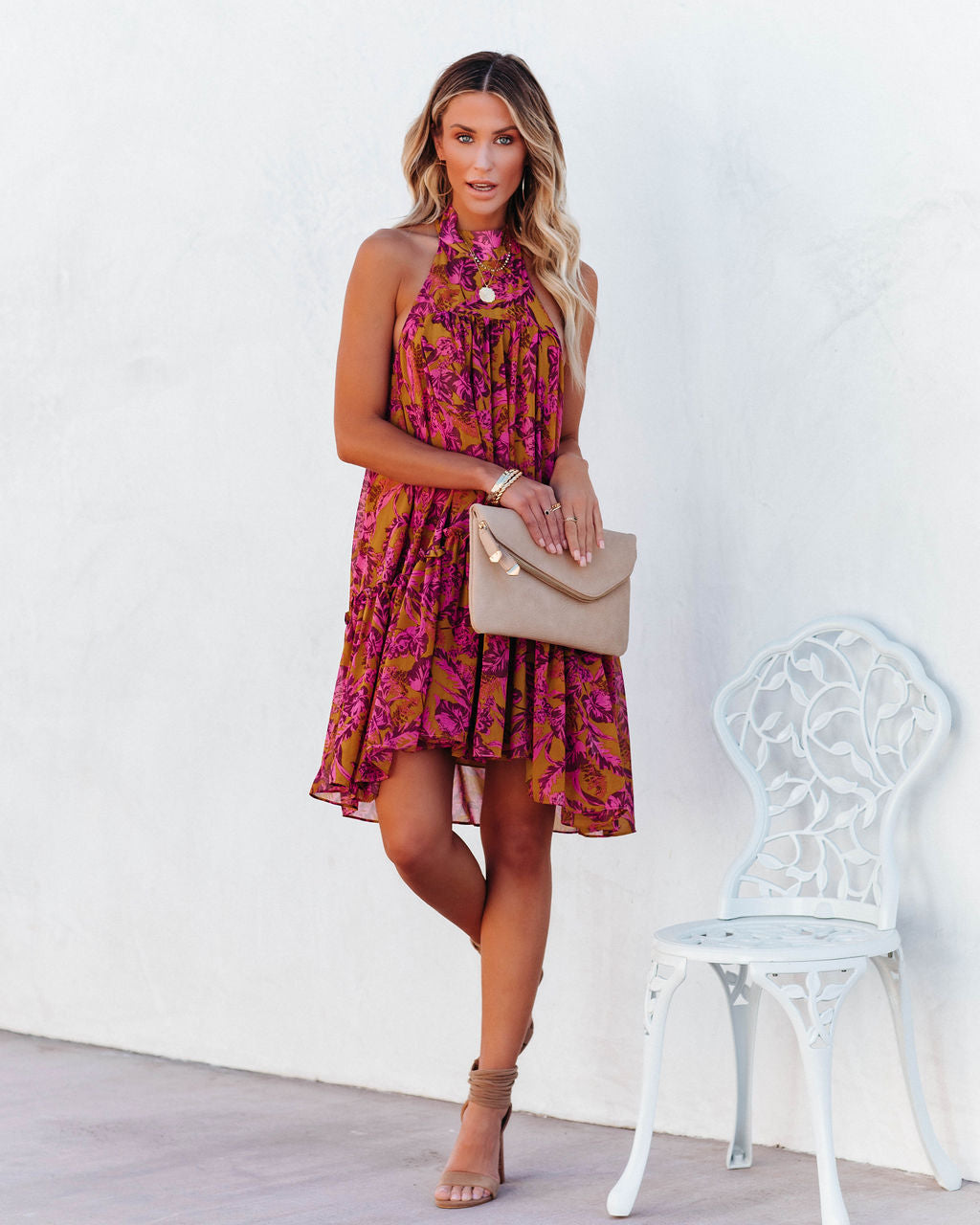 Plum Floral Backless Halter Mini Dress