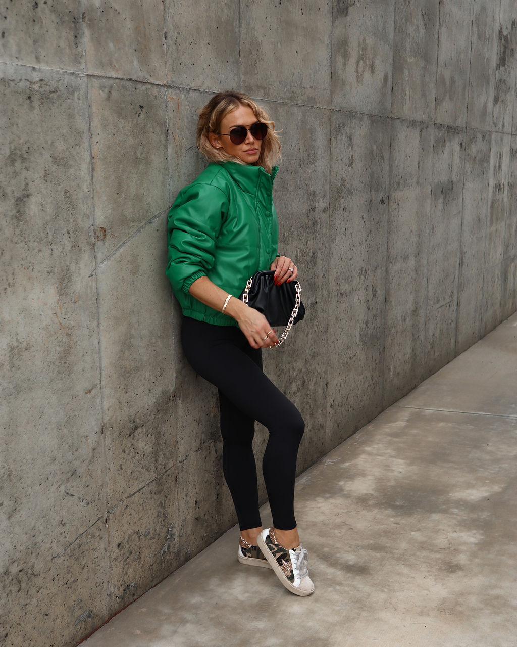 Apres Chic Pocketed Faux Leather Puff Jacket - Kelly Green