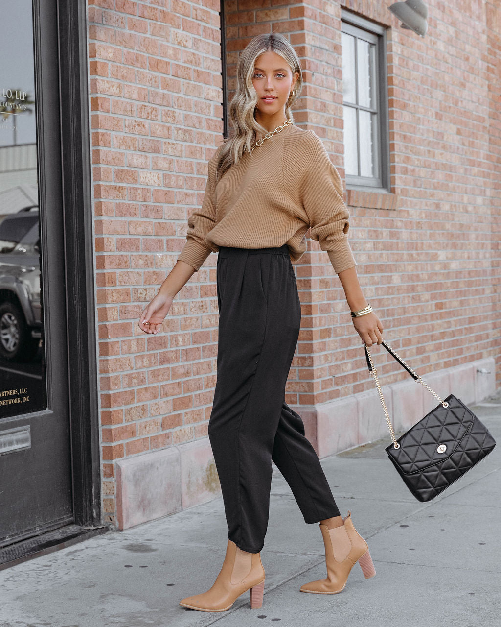 Carly Ribbed Knit Long Sleeve Top - Camel