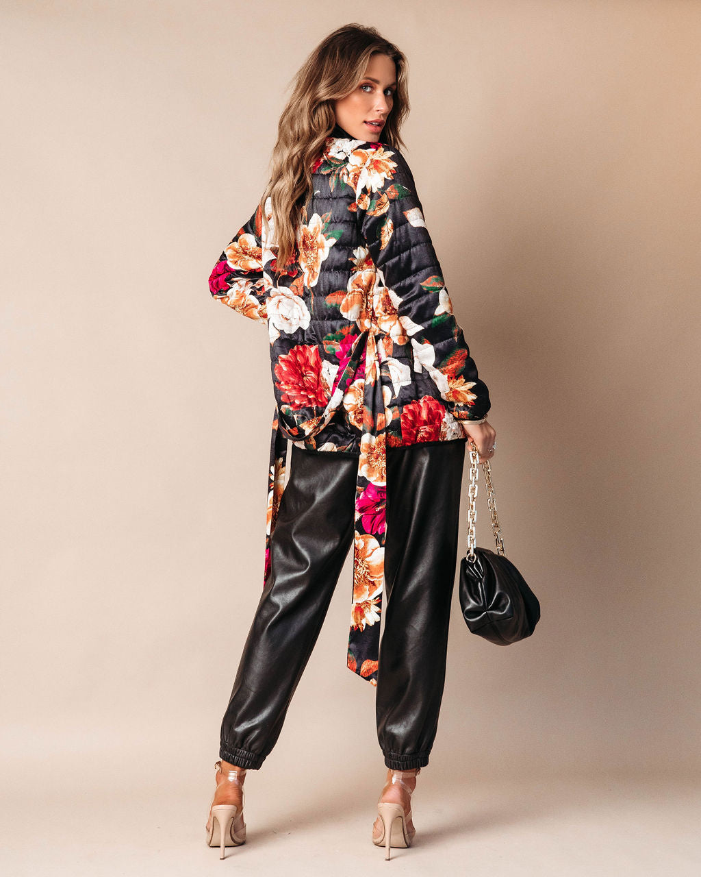 Stefani Floral Pocketed Quilted Jacket - Black
