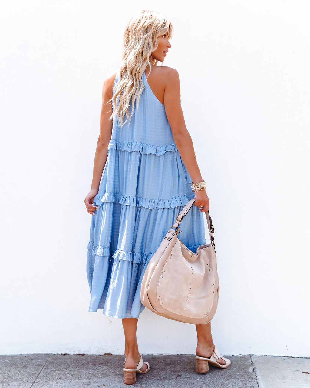 Ballard Cotton Blend Pocketed Tiered Midi Dress - Chambray Blue - FINAL SALE