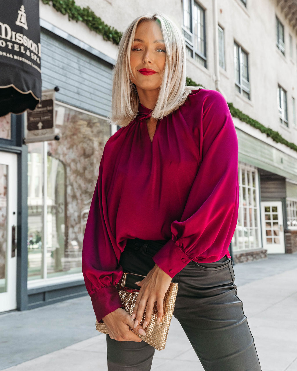 Overall Gratitude Satin Balloon Sleeve Top - Wine