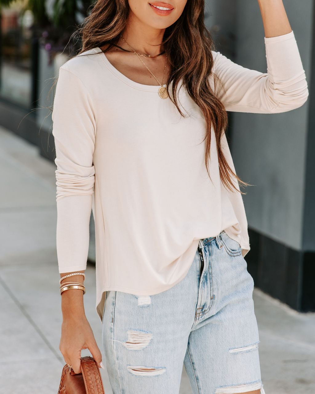 Kimberly Scoop Neck Long Sleeve Top - Cream - FINAL SALE