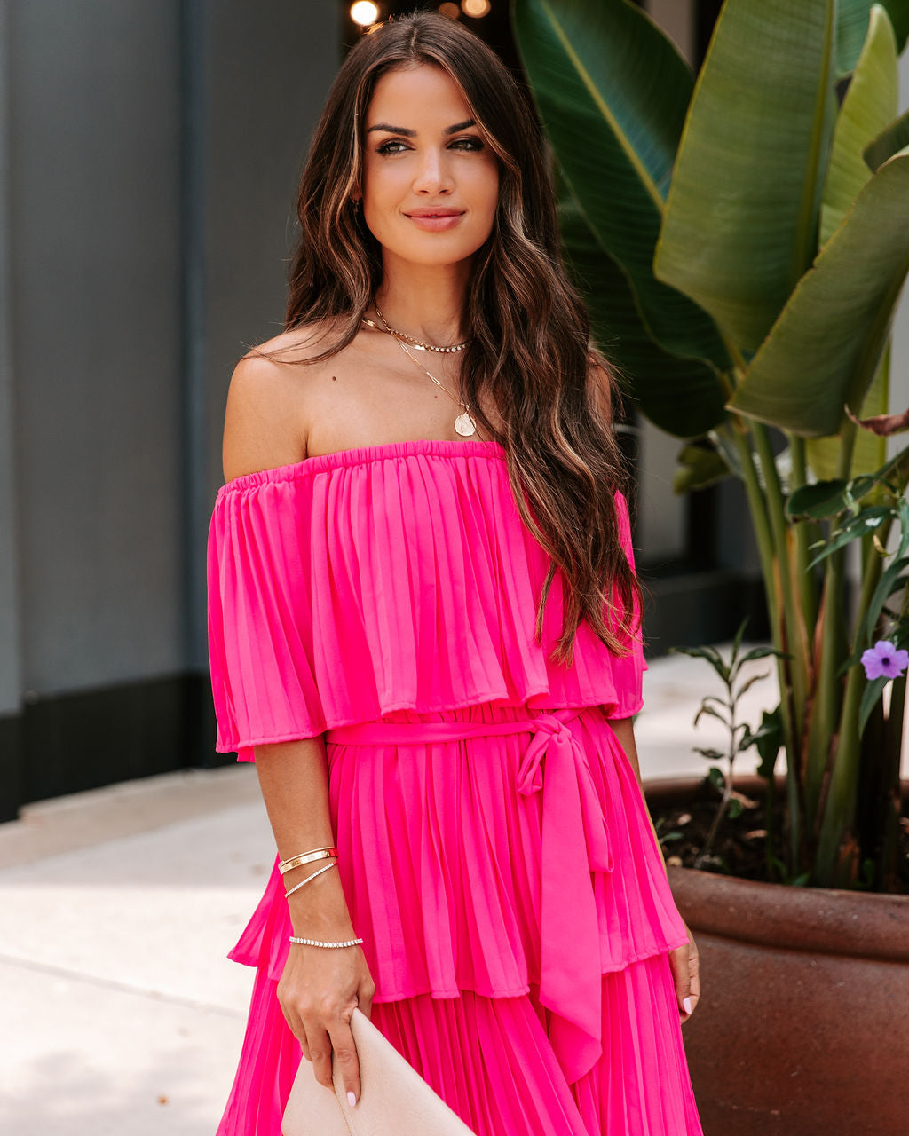 Simaria Pleated Tiered Midi Dress - Hot Pink - FINAL SALE