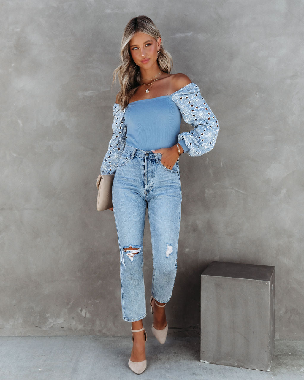 Christine Embroidered Balloon Sleeve Top - Light Blue