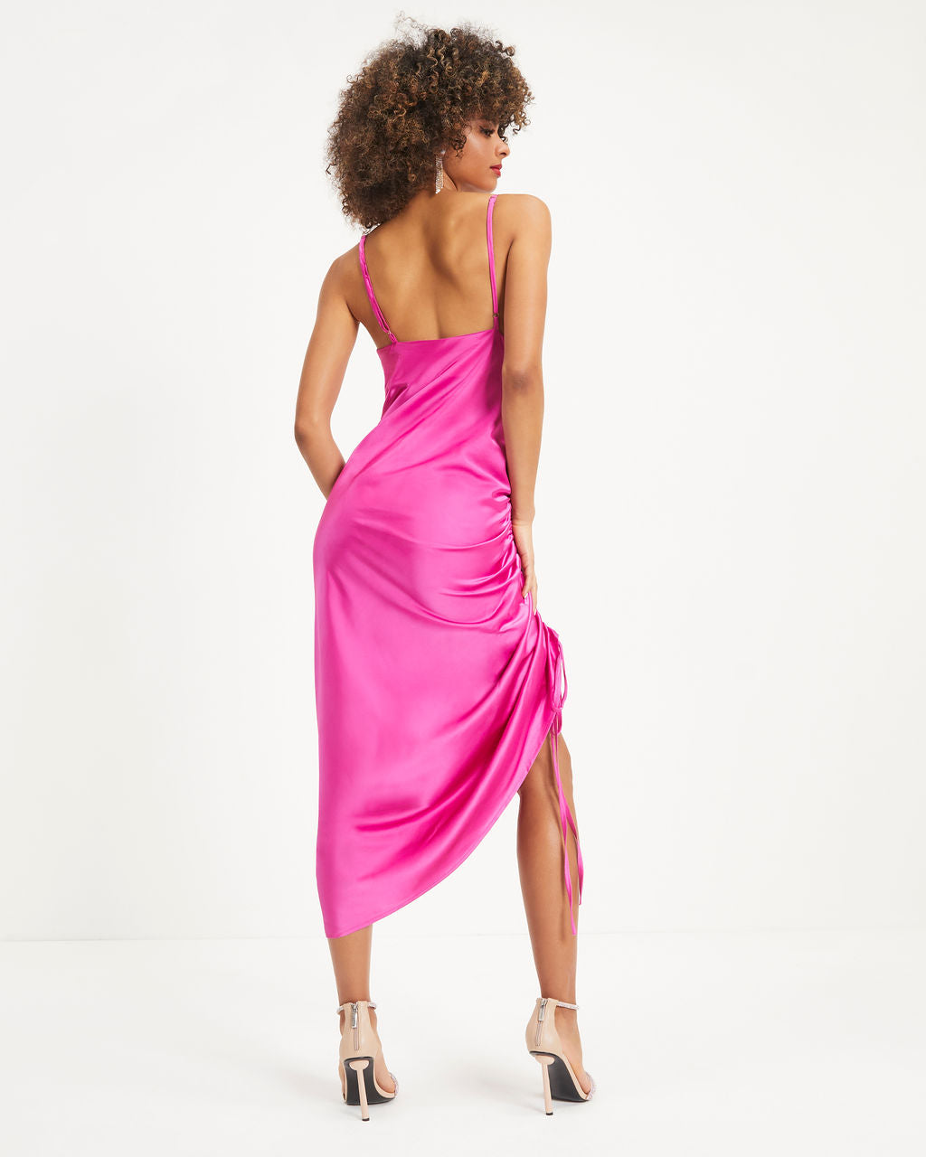 Juliana Satin Cowl Neck Ruched Asymmetrical Maxi Dress - Magenta