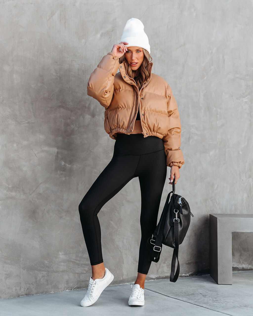 Yorker Faux Leather Pocketed Puff Jacket - Tan