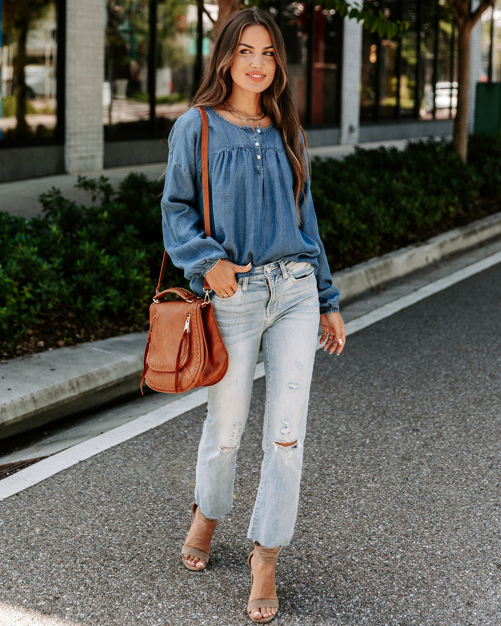 Blue Crew Chambray Henley Tencel Top - SALE