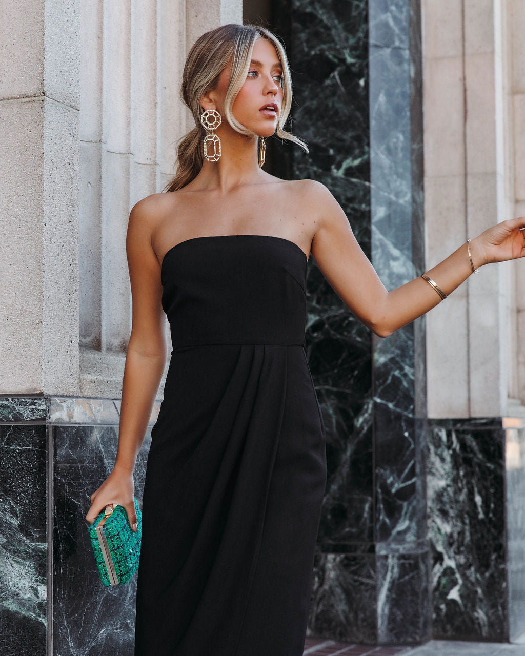 Aglow Strapless Draped Midi Dress - Black