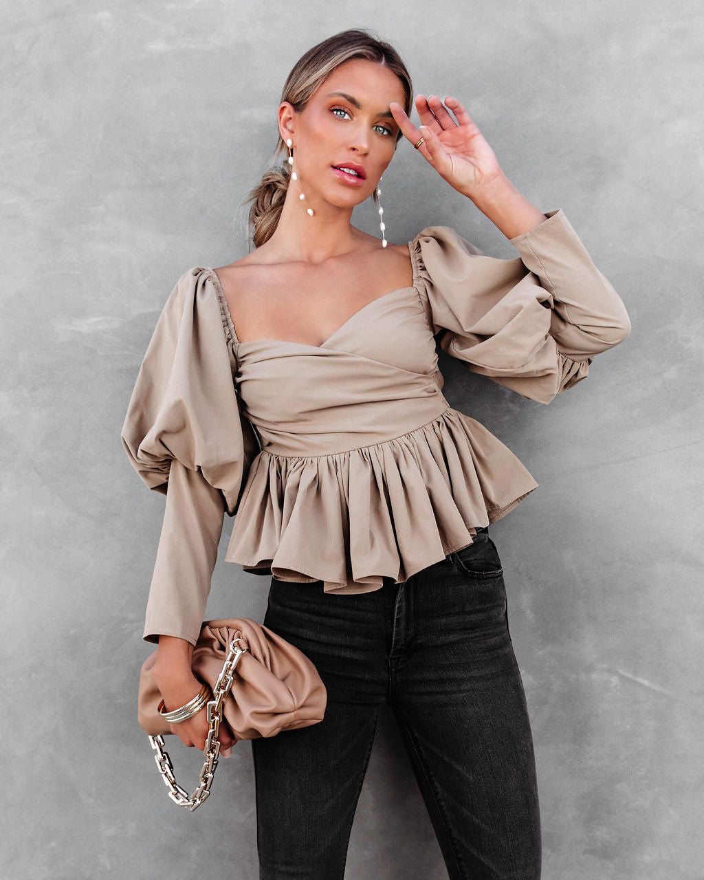 Soph Puff Sleeve Peplum Crop Top - Mocha
