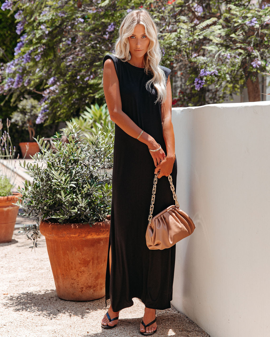 Teagan Padded Shoulder Knit Maxi Dress - Black - FINAL SALE