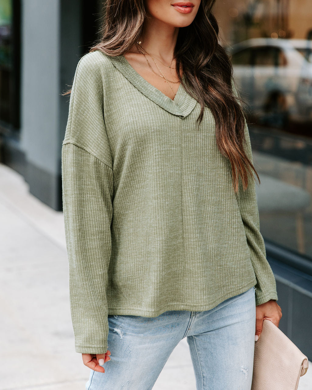 Touch Of Fall Oversized Ribbed Long Sleeve Top - Olive