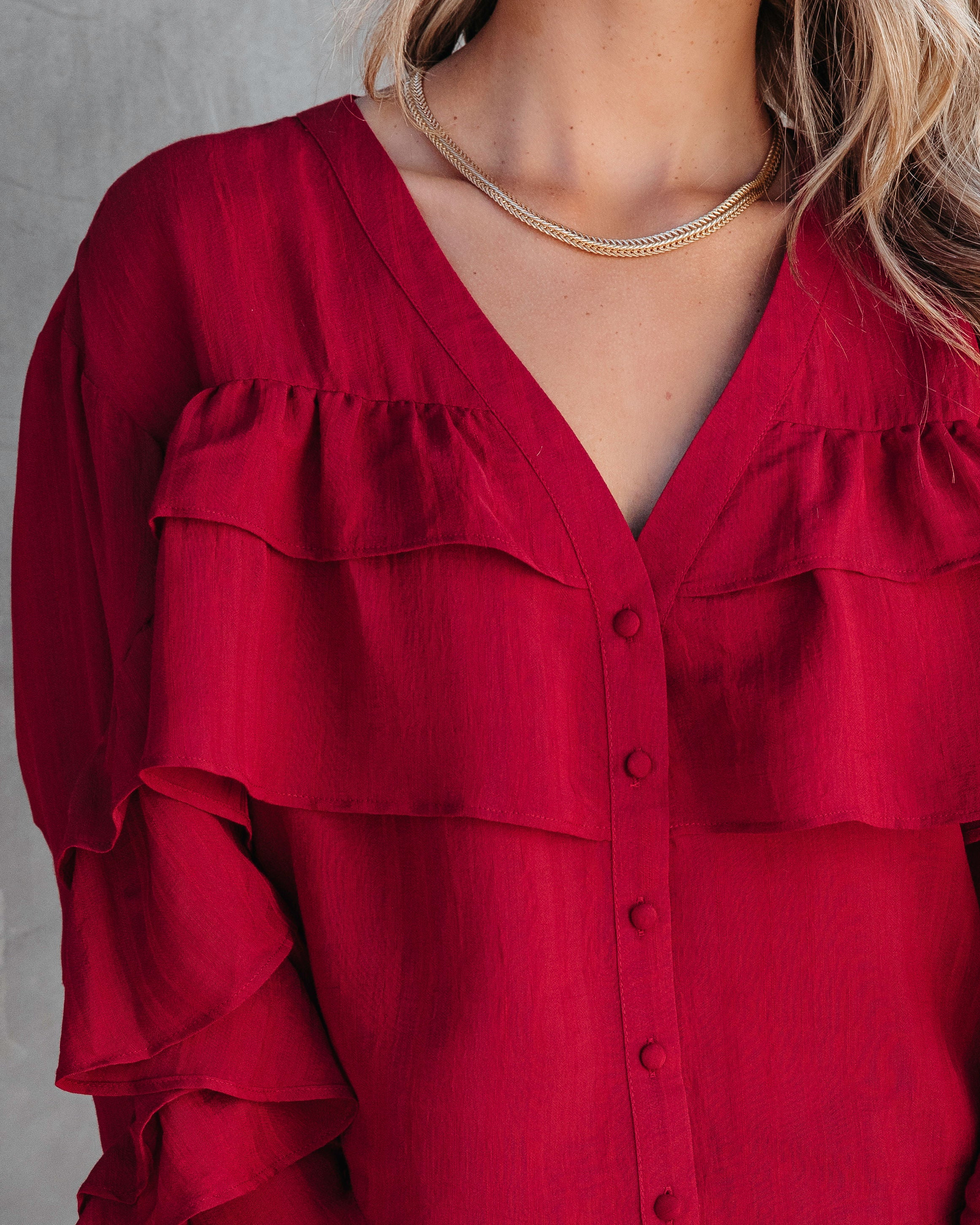 Mary Ruffle Button Down Top - Wine