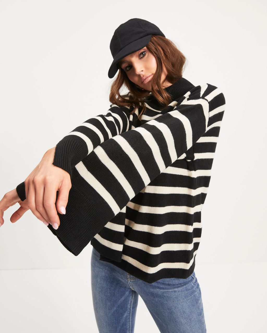 Torres Striped Mock Neck Knit Sweater - Black