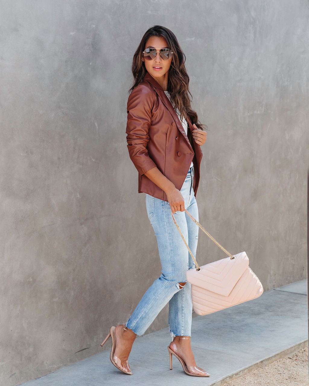 Angelique Faux Leather Blazer - Chestnut