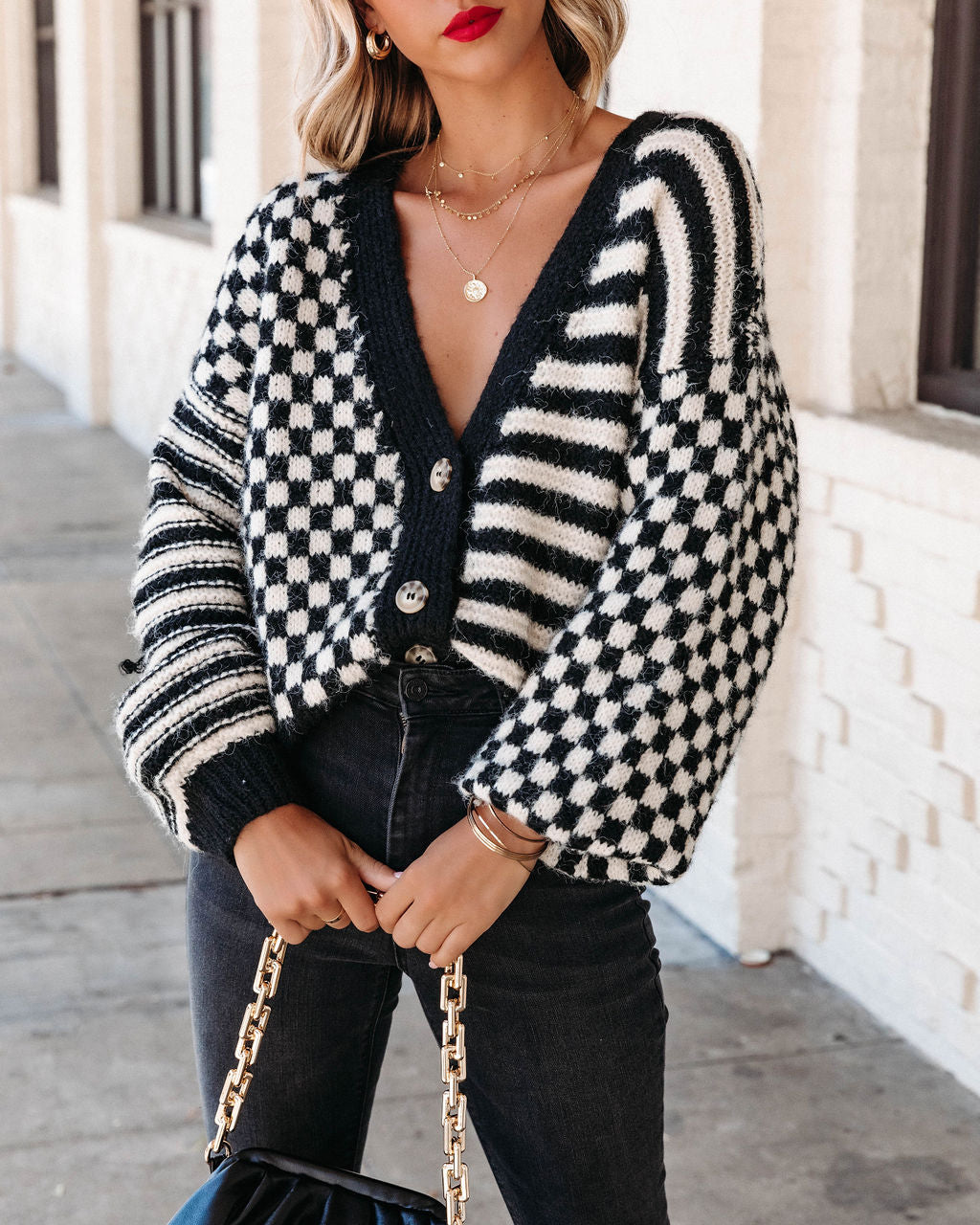Rumor Has It Checkered Striped Knit Cardigan