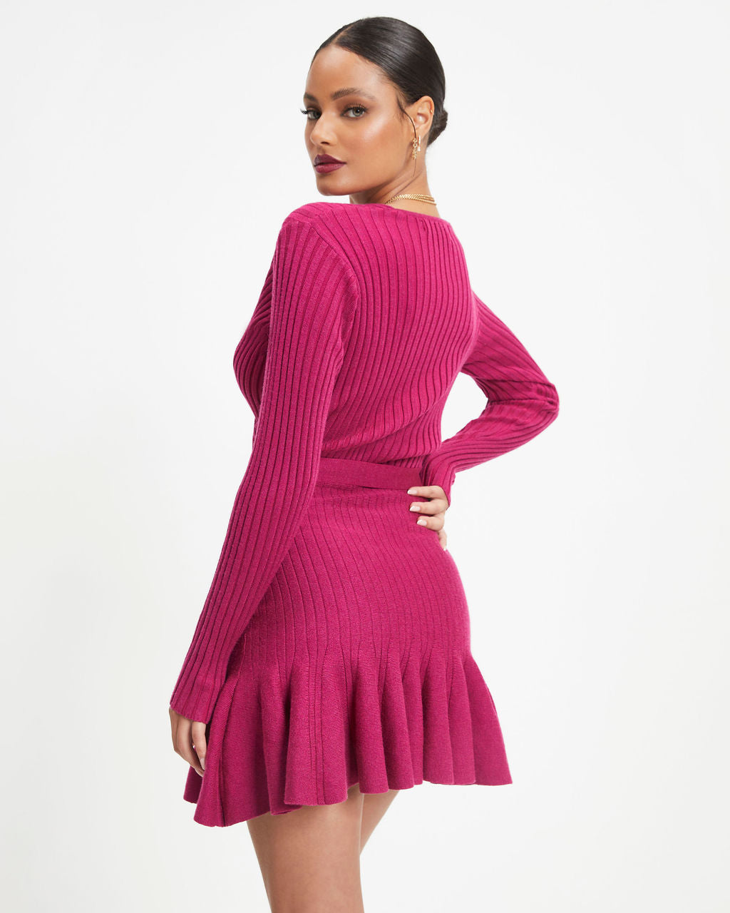Very Lady Like Knit Ribbed Ruffle Mini Dress - Berry