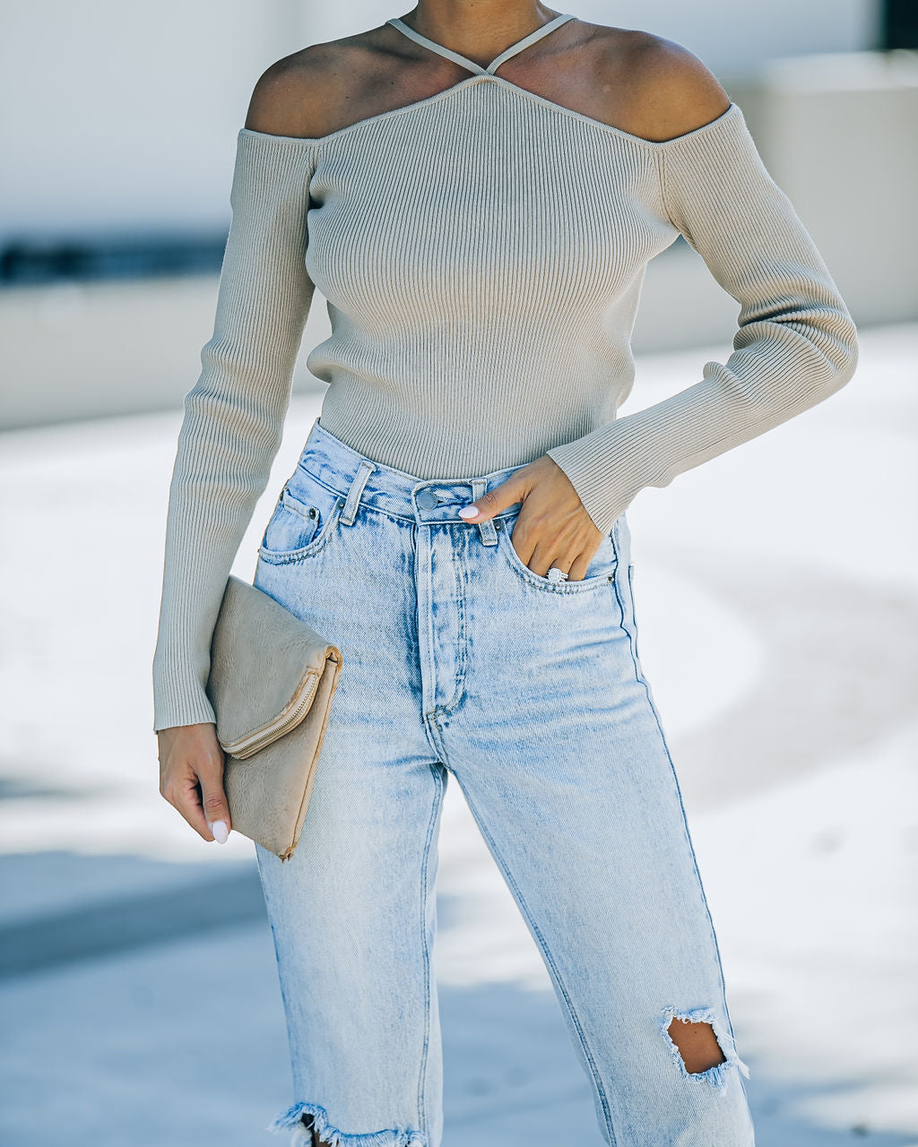 Real Crowd Pleaser Off The Shoulder Ribbed Top - Beige
