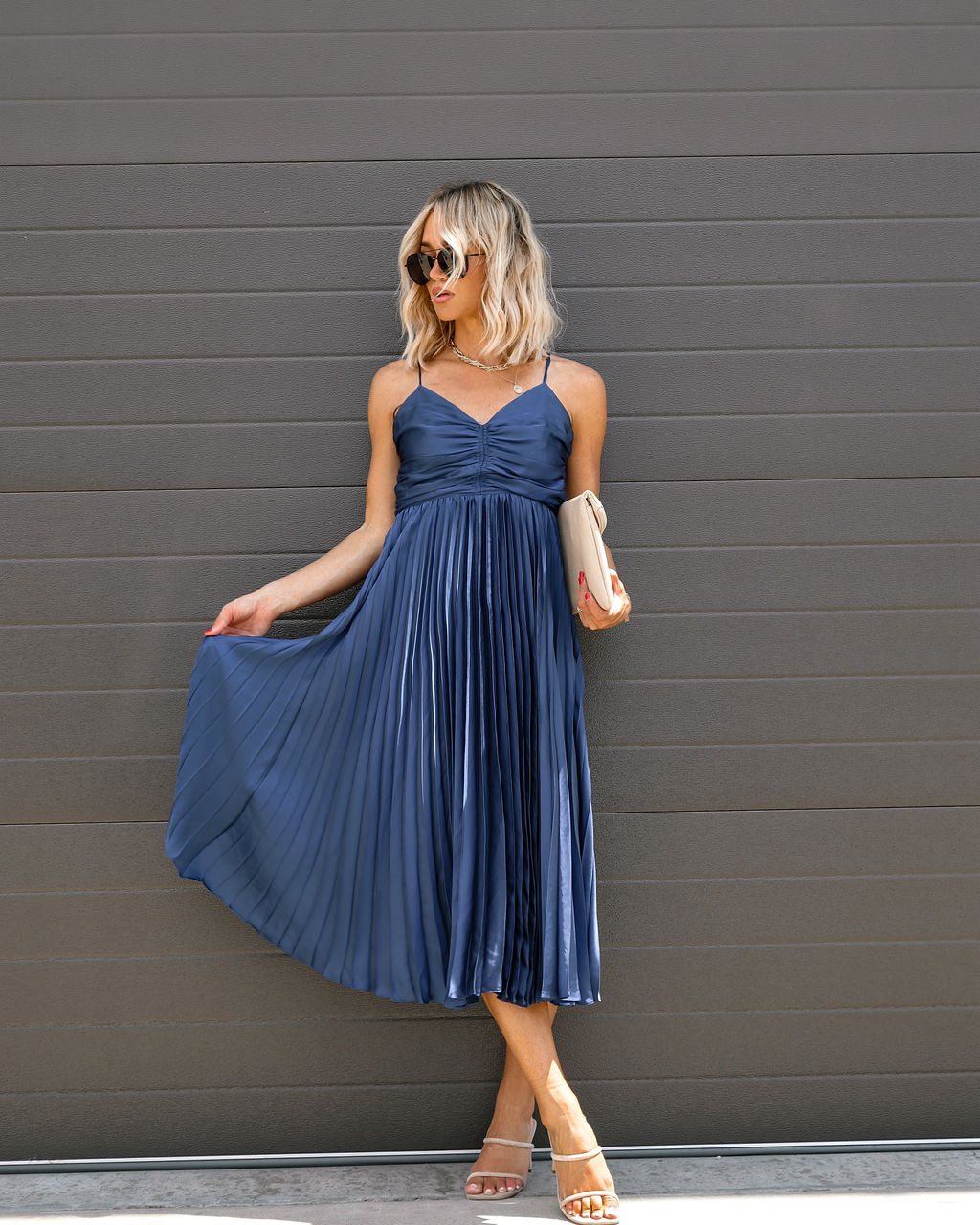 Classic Bombshell Satin Pleated Midi Dress - Midnight Blue