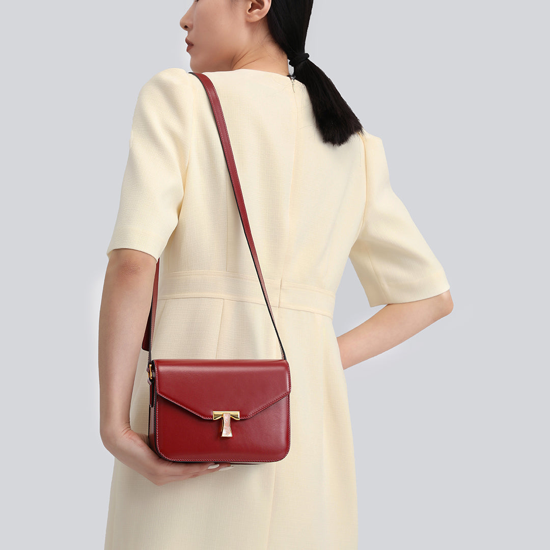 Handmade Red BOX Glossy Leather Tofu Crossbody Bag