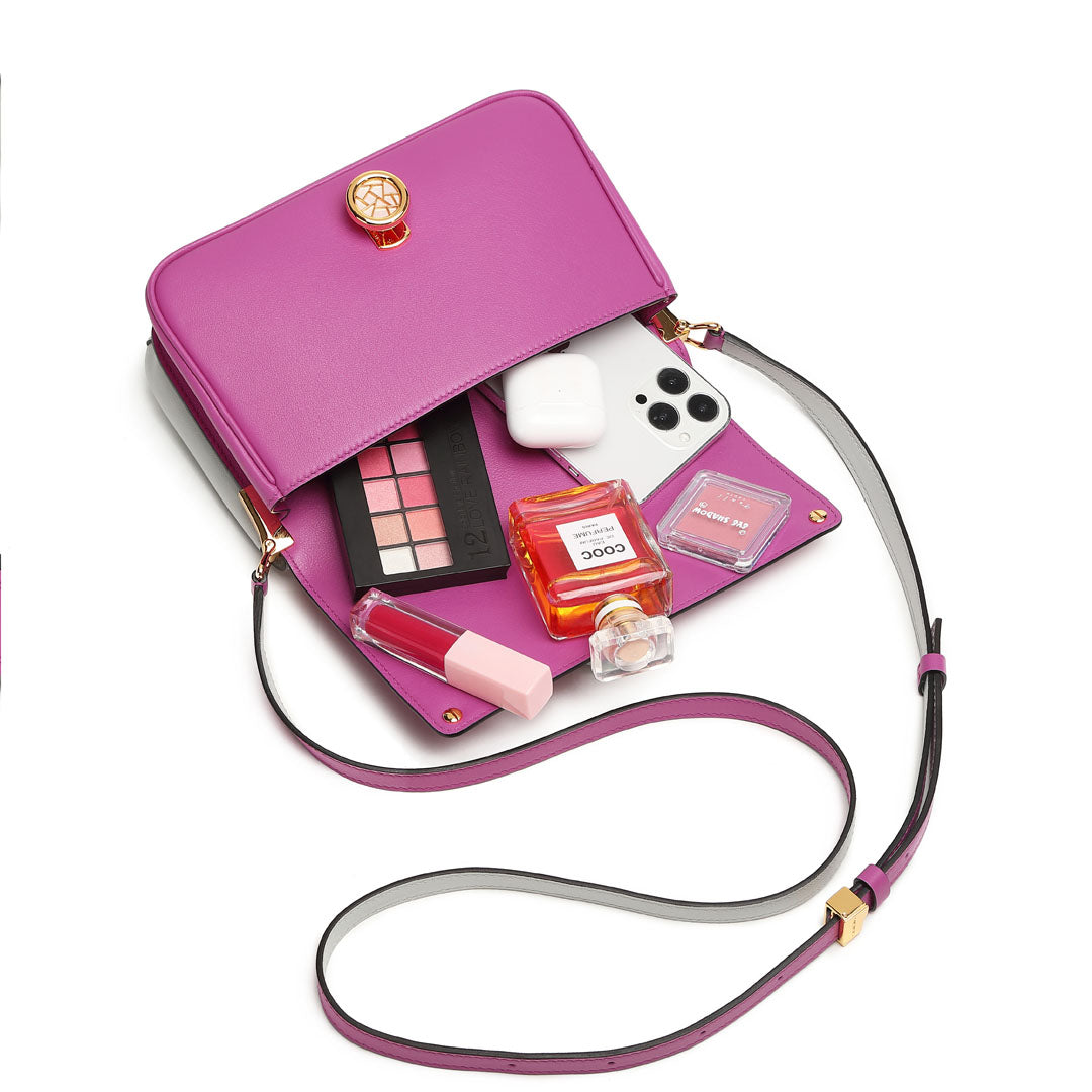 Handmade Violet SWIFT Leather Crossbody Gemini Saddle Bag