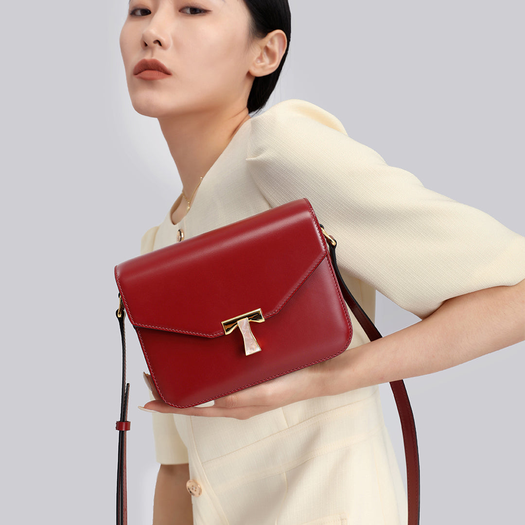 Handmade Red BOX Glossy Leather Tofu Crossbody Bag