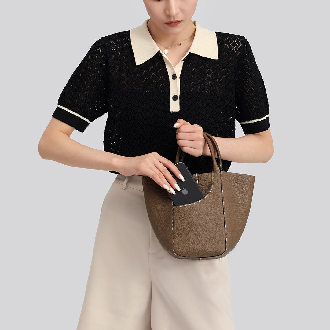 Handmade Etoupe TOGO Leather Picotin Tote Bag - Small