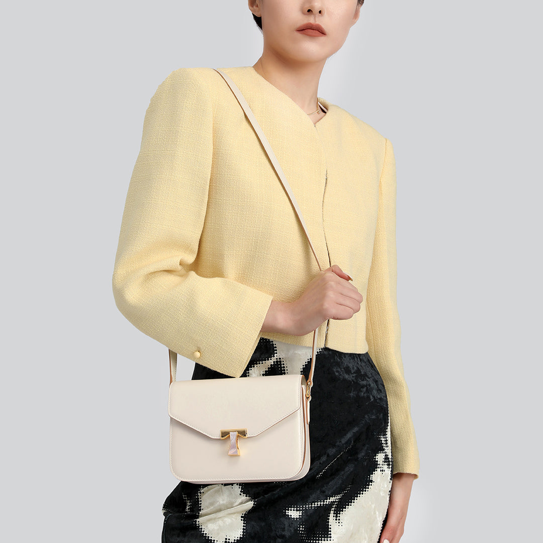 Handmade White BOX Glossy Leather Tofu Crossbody Bag